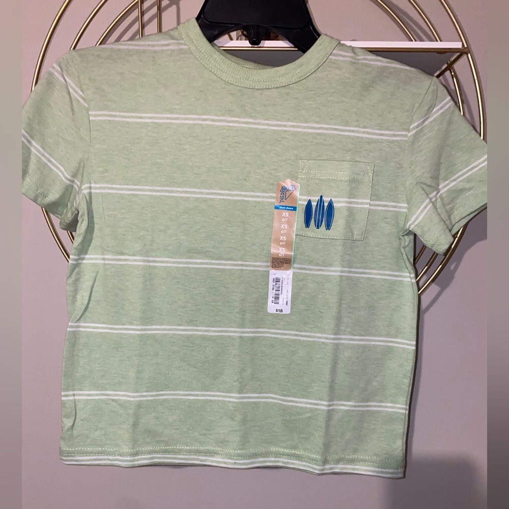 Boys short sleeve shirt cotton material green with white stripes 1 pocket